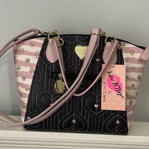 Luv Betsey by Betsey Johnson Pink Black Multi Heart Satchel Purse Crossbody Bag.